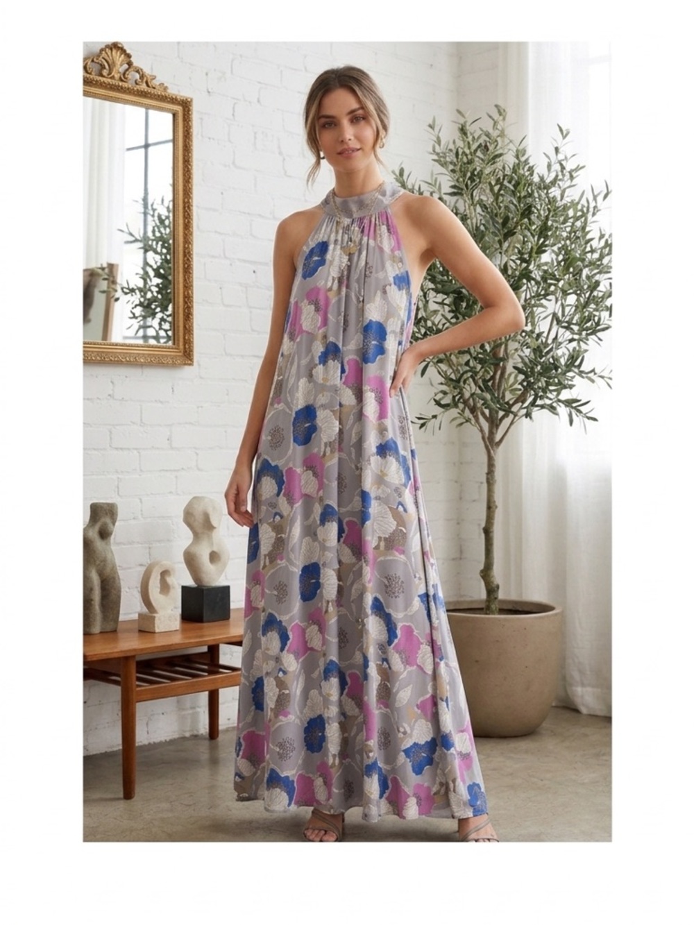 Caramela Maxi Dress - Gray and Pink Floral Halter Style NWT Size Large